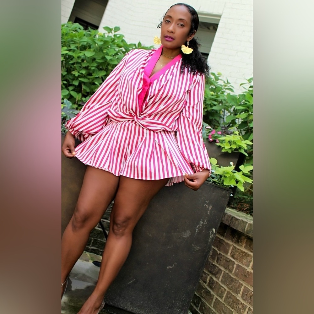 Striped Pink Twist-Front Mini Set  with Long Sleeves